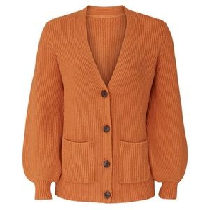 JUST FEMALE Rib Knit womens boyfriend cardigan balloon sleeve burnt orange SMALL